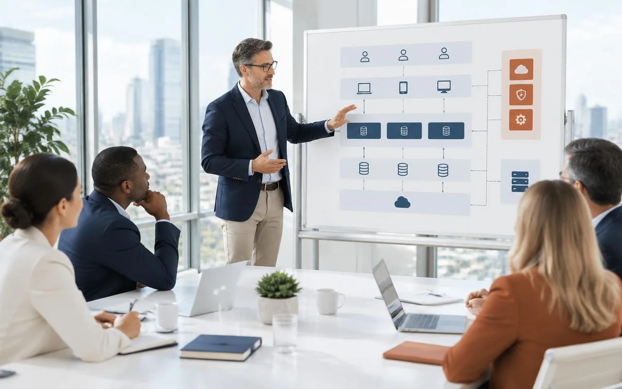 Enterprise architects reviewing connected business systems and delivery plans