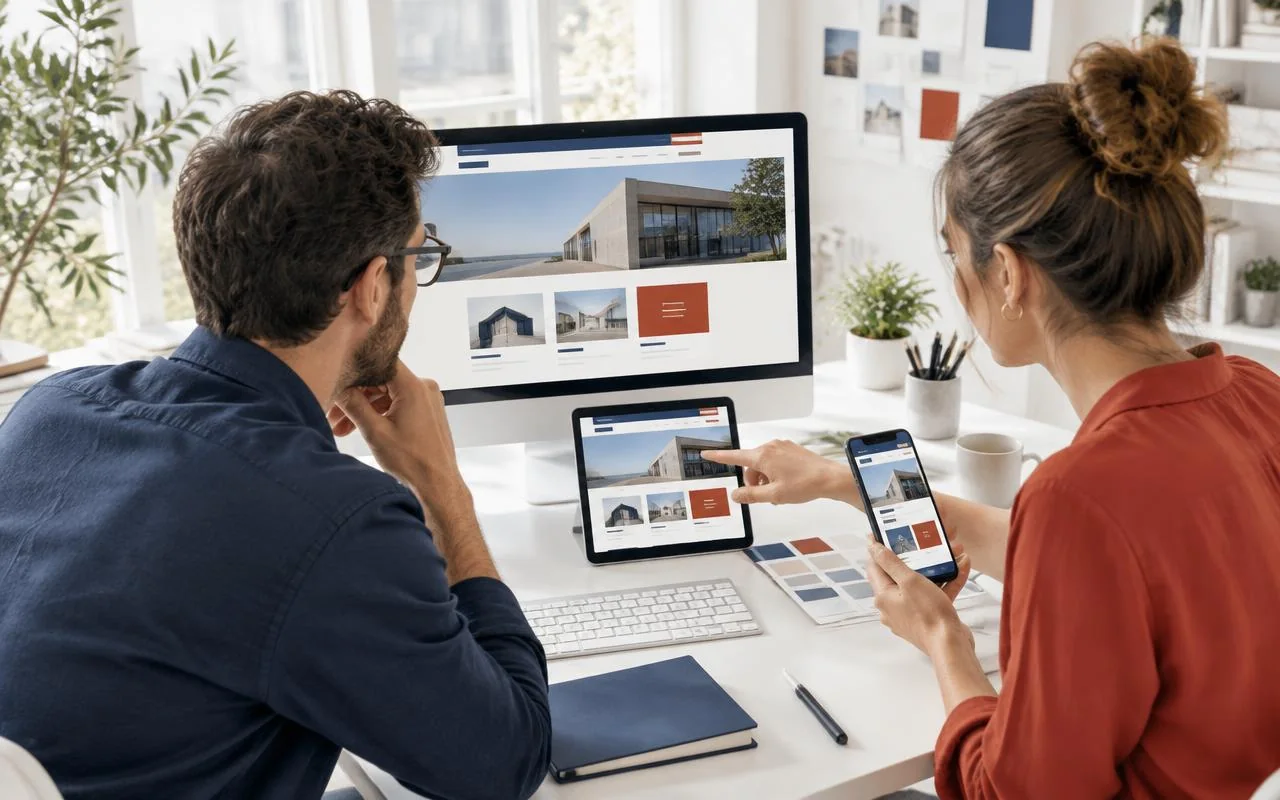 Designers reviewing a responsive business website across devices
